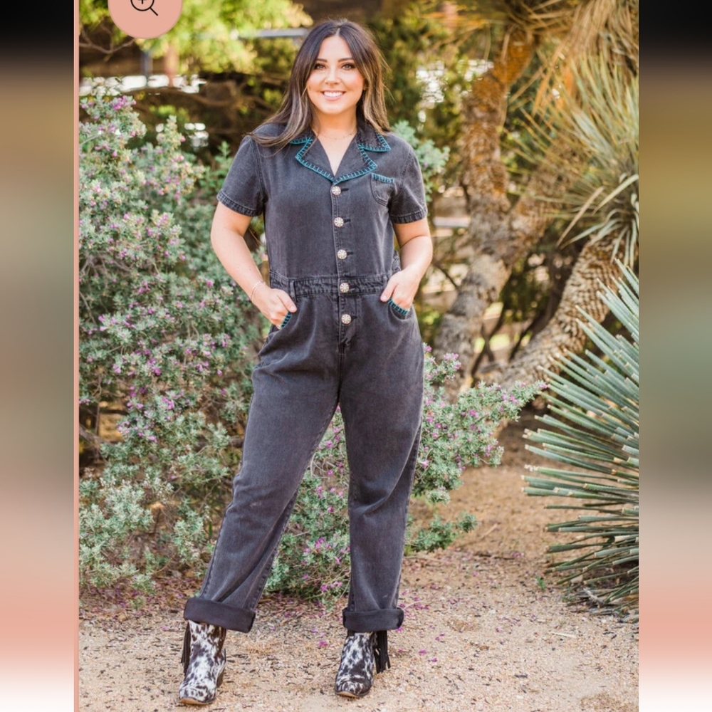 Layerz Clothing NWT Stylish Black Dakota Jumpsuit with Blue whipstitching